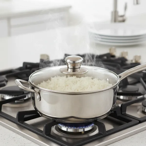 a saucepan on a stovetop with rice, water, and a tightly fitted lid, steam gently escaping