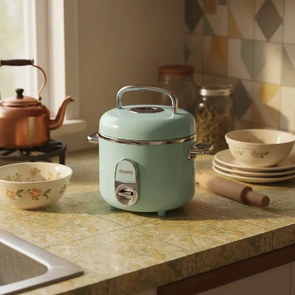 A vibrant retro-style rice cooker in a pastel kitchen with chrome accents