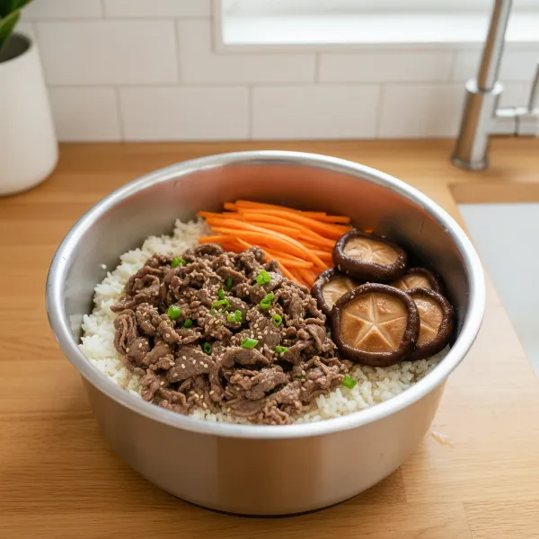 Ingredients layered in a rice cooker for Bibimbap preparation