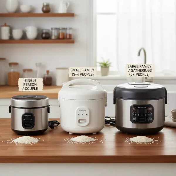 various sizes of rice cookers demonstrating different cooking capacities for families
