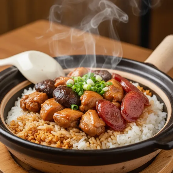 A delicious bowl of rice cooker clay pot chicken rice with crispy bottom pieces.