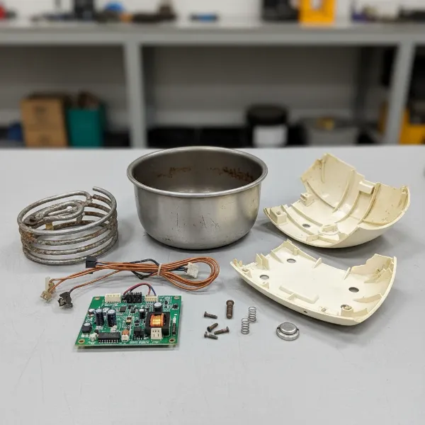 Close-up of disassembled rice cooker components showing metals, plastics, and electronic parts for recycling.