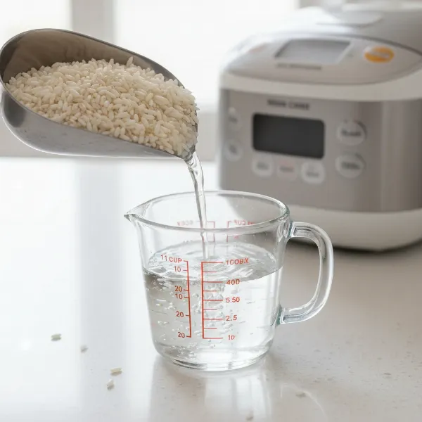 A close-up of short-grain white rice and water being measured for a rice cooker congee recipe.