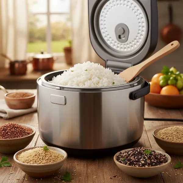 An appealing image of perfectly cooked, fluffy rice and various other grains served beautifully from a rice cooker.