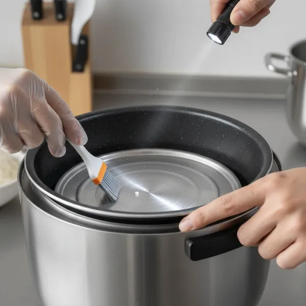 Troubleshooting an E02 error on a rice cooker by checking the inner pot and heating element