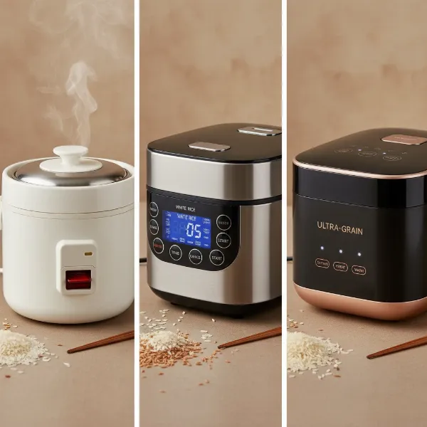A collage showing different types of rice cookers from basic to advanced IH models.