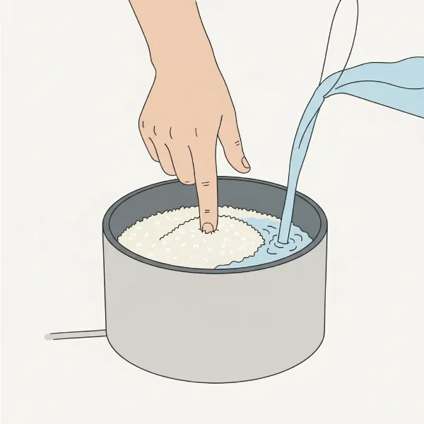 An illustration demonstrating the traditional fingertip method for measuring water in a rice cooker.