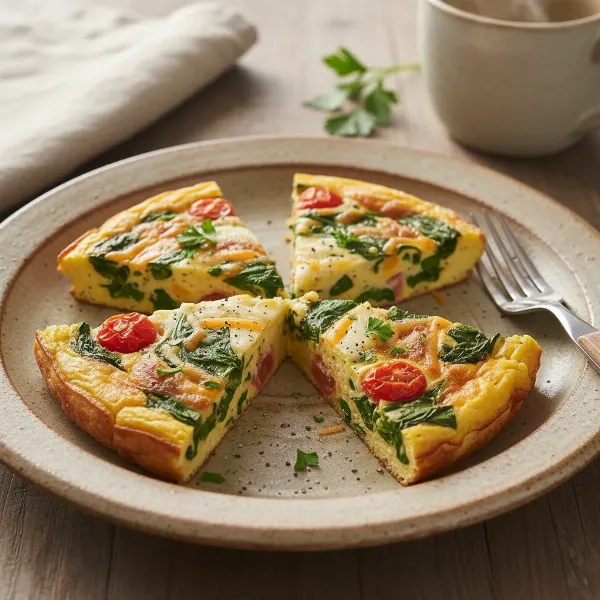 plate of savory cooked egg frittata wedges with vegetables