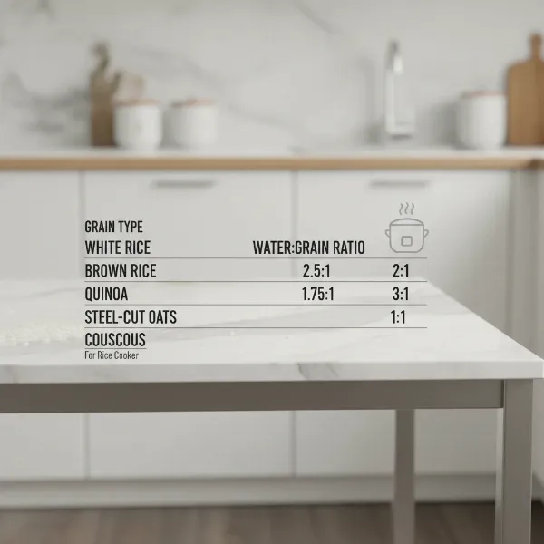 A visually appealing table showing various grain types and their recommended water ratios for rice cooker cooking.