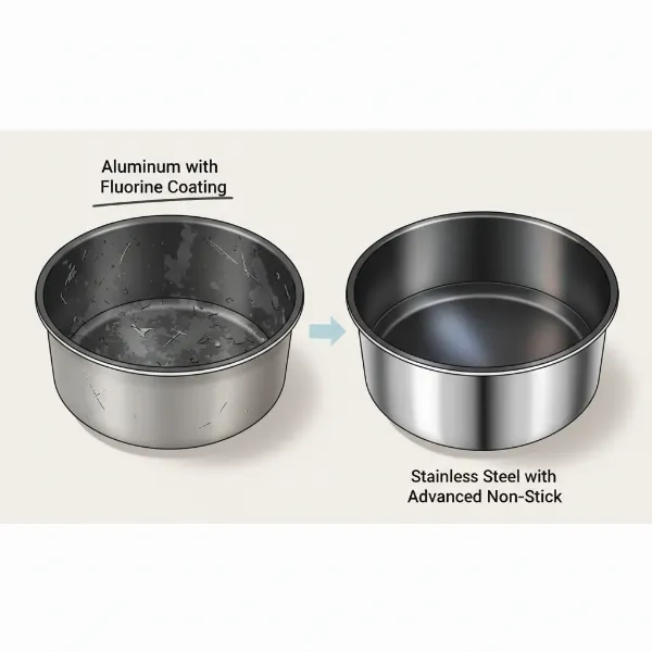 Shows a comparison of different inner pot materials and coatings for rice cookers.
