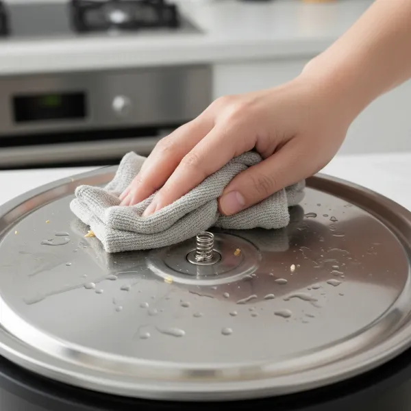 A hand cleaning the heating plate and sensor of a rice cooker, representing internal component examination and maintenance.