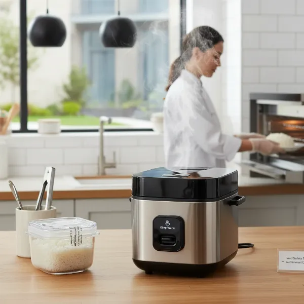 A modern rice cooker in keep warm mode, emphasizing food safety