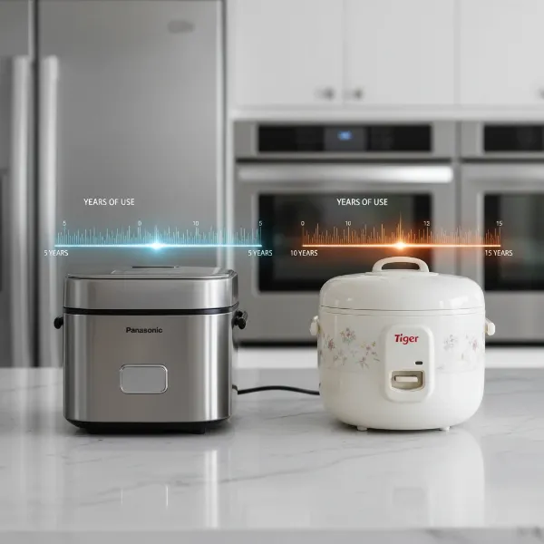 An illustration comparing the lifespan of two rice cookers, one labeled Panasonic and the other Tiger, on a timeline to show their durability over time. 