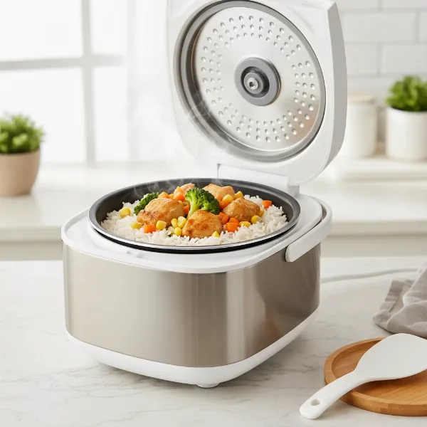 A vibrant, fully cooked one-pot meal with rice, chicken, and colorful vegetables simmering in a modern rice cooker.