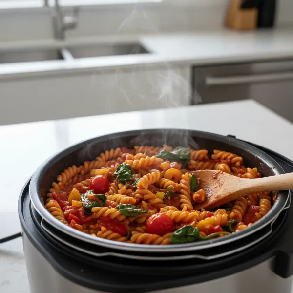 A rice cooker preparing a one-pot pasta meal with vegetables and sauce.