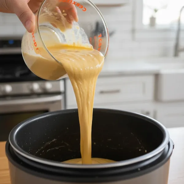 Hands pouring pancake batter into a greased rice cooker pot.