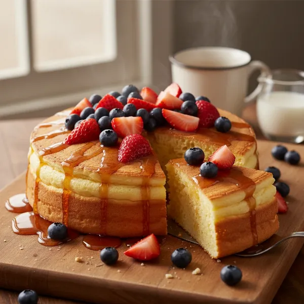 A giant rice cooker pancake topped with fresh berries and syrup, ready to be served.
