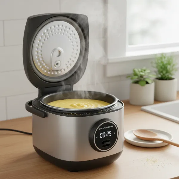 Creamy polenta cooking effortlessly in a modern rice cooker, highlighting convenience and consistent results.