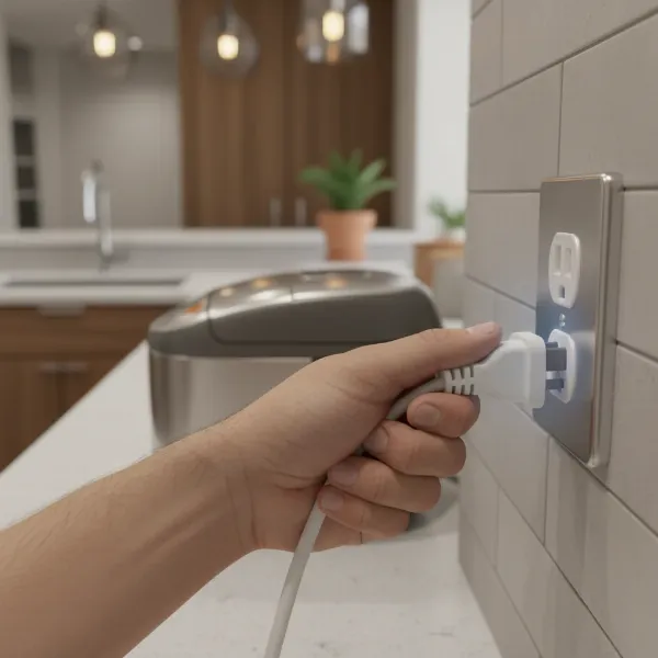 A close-up of a hand checking a rice cooker's power cord connection to an electrical outlet, emphasizing basic power troubleshooting.
