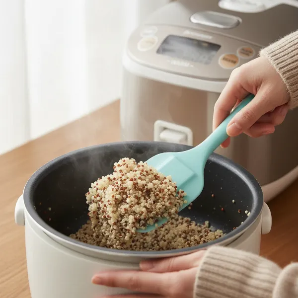 Hands using a silicone spatula to serve quinoa from a rice cooker, emphasizing gentle utensil use.