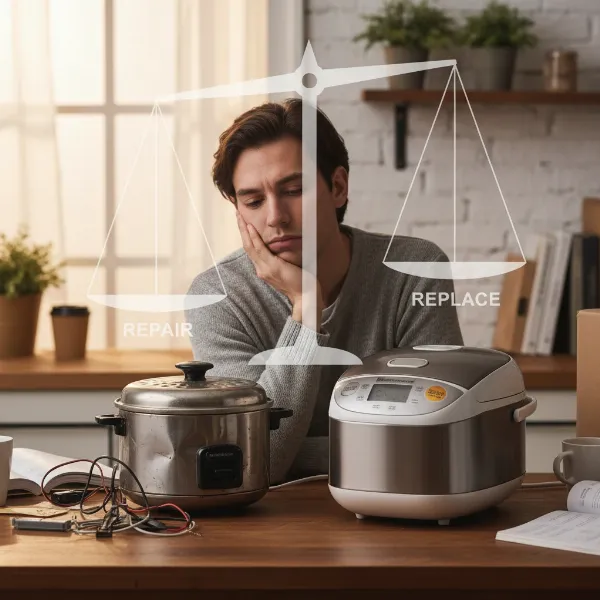 A person weighing options between fixing a broken rice cooker and buying a new one, symbolizing the repair vs. replacement dilemma.