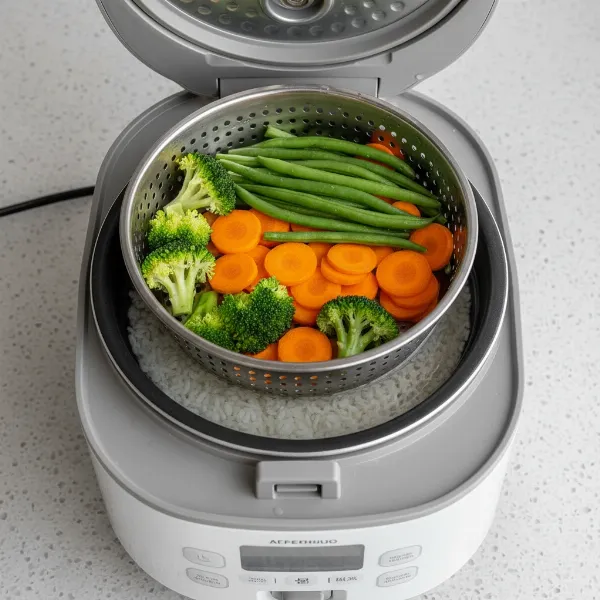 Detailed view of a rice cooker setup with a steamer basket full of uniformly cut vegetables.