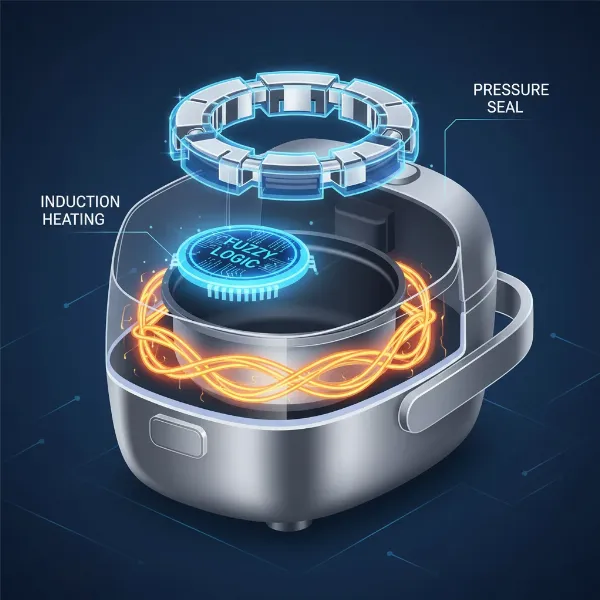Illustrates fuzzy logic, IH, and pressure cooking elements in a rice cooker.