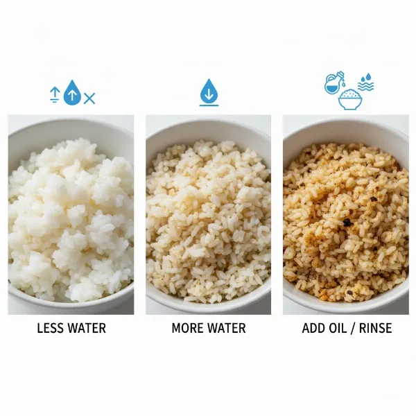 A graphic illustrating common rice cooker problems like mushy or undercooked rice with simple solutions.
