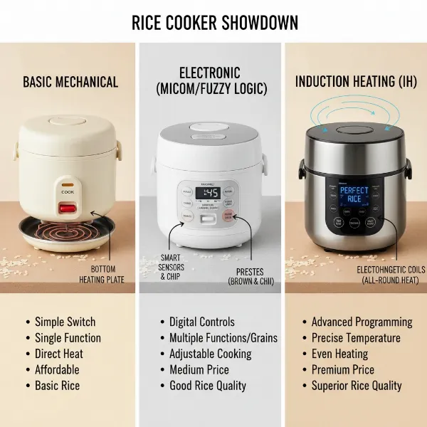 visual comparison of different rice cooker types: mechanical, fuzzy logic, induction heating