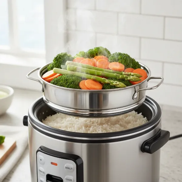 A rice cooker with a steamer basket on top, filled with vibrant, healthy vegetables like broccoli and carrots.