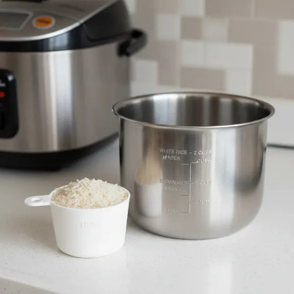 A standard 180ml rice measuring cup filled with white rice next to a rice cooker's inner pot with water level markings.