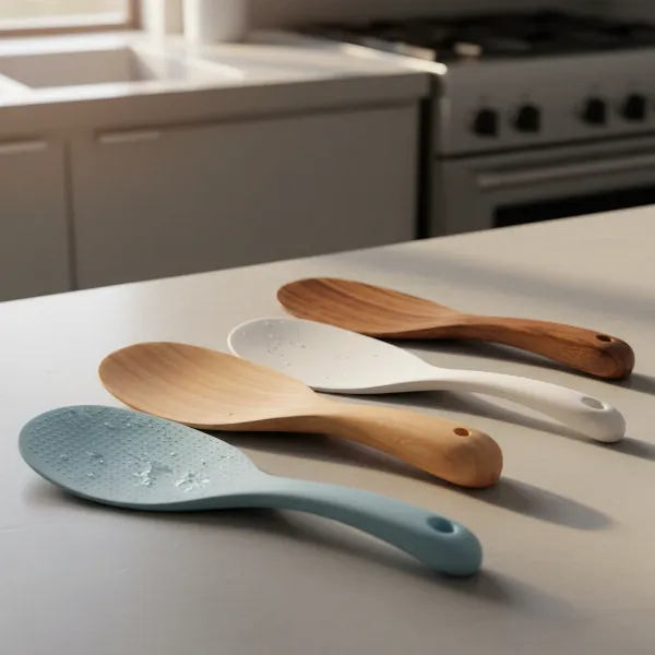 Assorted rice paddles made from wood, silicone, and plastic, highlighting their different textures and shapes.