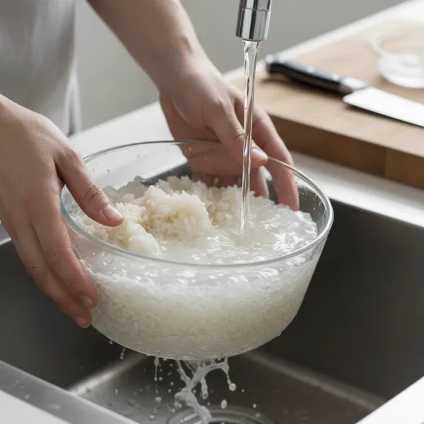 hands gently rinsing short-grain sushi rice in a bowl under cold running water