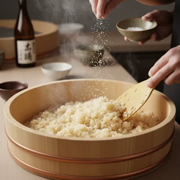 seasoned sushi rice being mixed in a wooden hangiri with a rice paddle