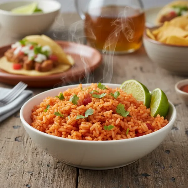 Delicious Spanish rice served in a bowl, garnished with fresh cilantro and lime wedges.
