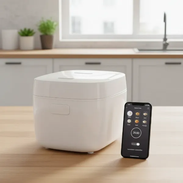 A sleek smart rice cooker with a smartphone showing its control app interface, in a modern kitchen setting, bright and inviting