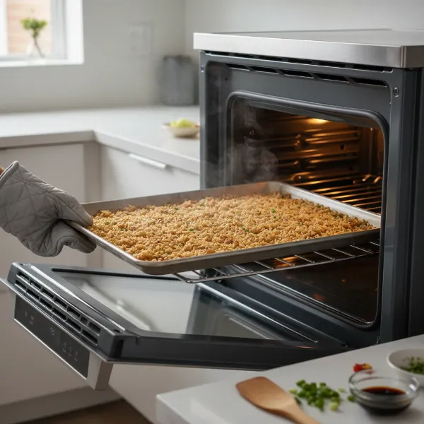 A baking sheet with fried rice spread out, going into a low-temperature oven to fix sogginess, illustrating a troubleshooting tip.