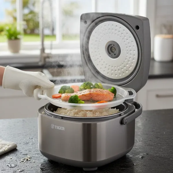 A Tiger rice cooker using its Tacook plate to cook rice and a main dish simultaneously.