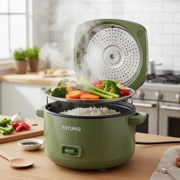 A Tatung indirect heating rice cooker steaming rice and vegetables simultaneously, showcasing its multi-functionality