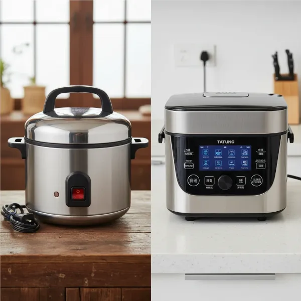 A Tatung indirect heating rice cooker next to a sleek, modern electronic rice cooker for comparison