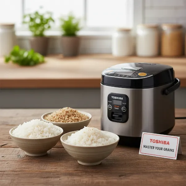 Different types of cooked rice in small bowls next to a Toshiba rice cooker.