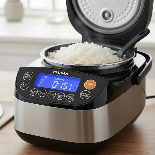Toshiba rice cooker displaying multiple cooking modes and a digital interface.