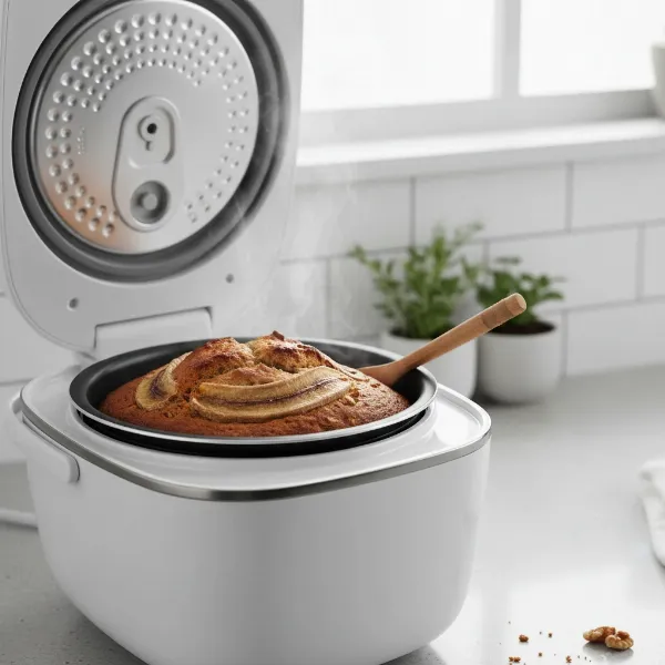 A modern rice cooker used for baking banana bread, showing its versatility.