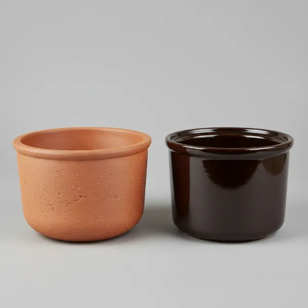 A side-by-side comparison of a natural Zisha clay pot from VitaClay and a typical glazed insert from a slow cooker.