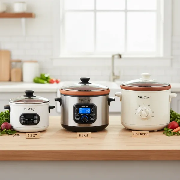 A visual comparison of different VitaClay multi-cooker models and capacities, showcasing their varied designs and sizes.