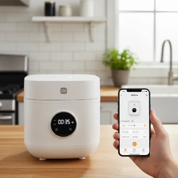 Xiaomi Mi Smart Rice Cooker displaying app control features with a smartphone interface beside it, minimalist kitchen background