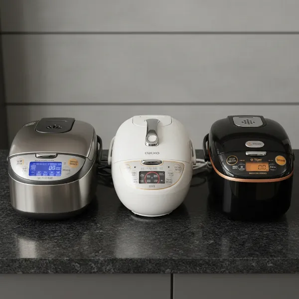 A collection of high-end rice cookers from brands like Zojirushi, Cuckoo, and Tiger, showing advanced features.