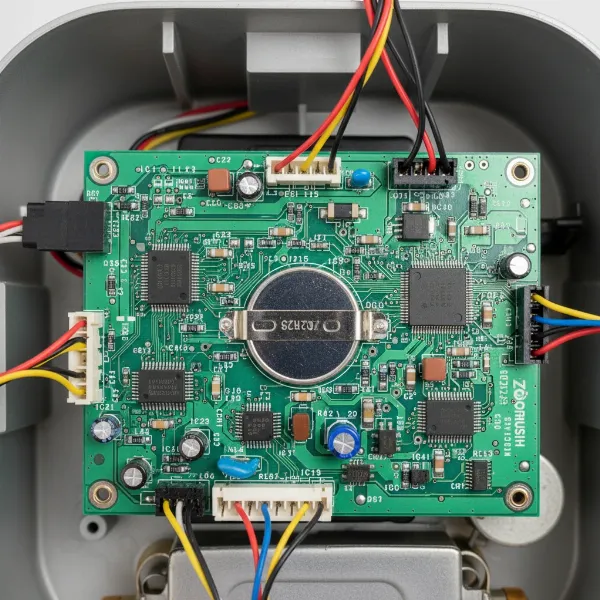 A close-up view of a Zojirushi rice cooker's internal circuit board with the coin cell battery clearly visible.