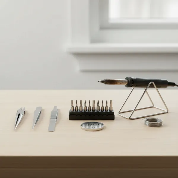 A collection of small screwdrivers, a soldering iron, pliers, tweezers, and a coin cell battery on a clean workbench.
